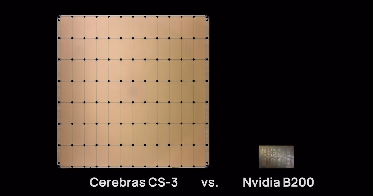 To-scale comparison of the large square Cerebras WSE-3 wafer against a much smaller Nvidia B200 die.